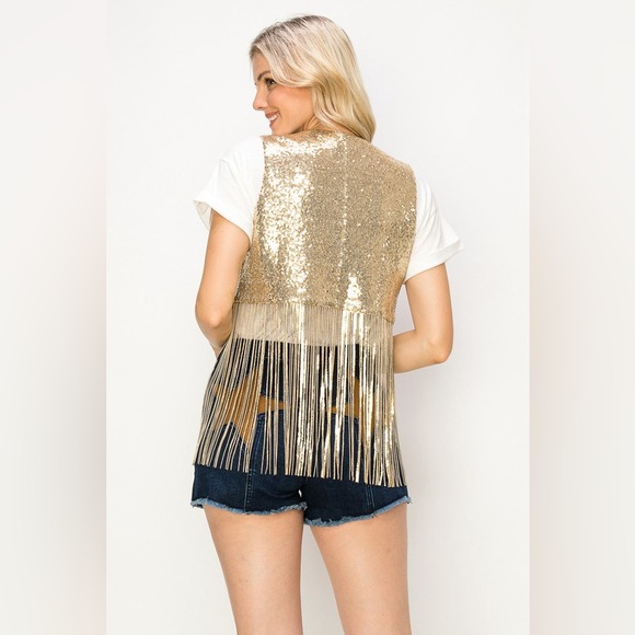63B. Sequin Fringe Vest - Gold - Picture 3 of 10
